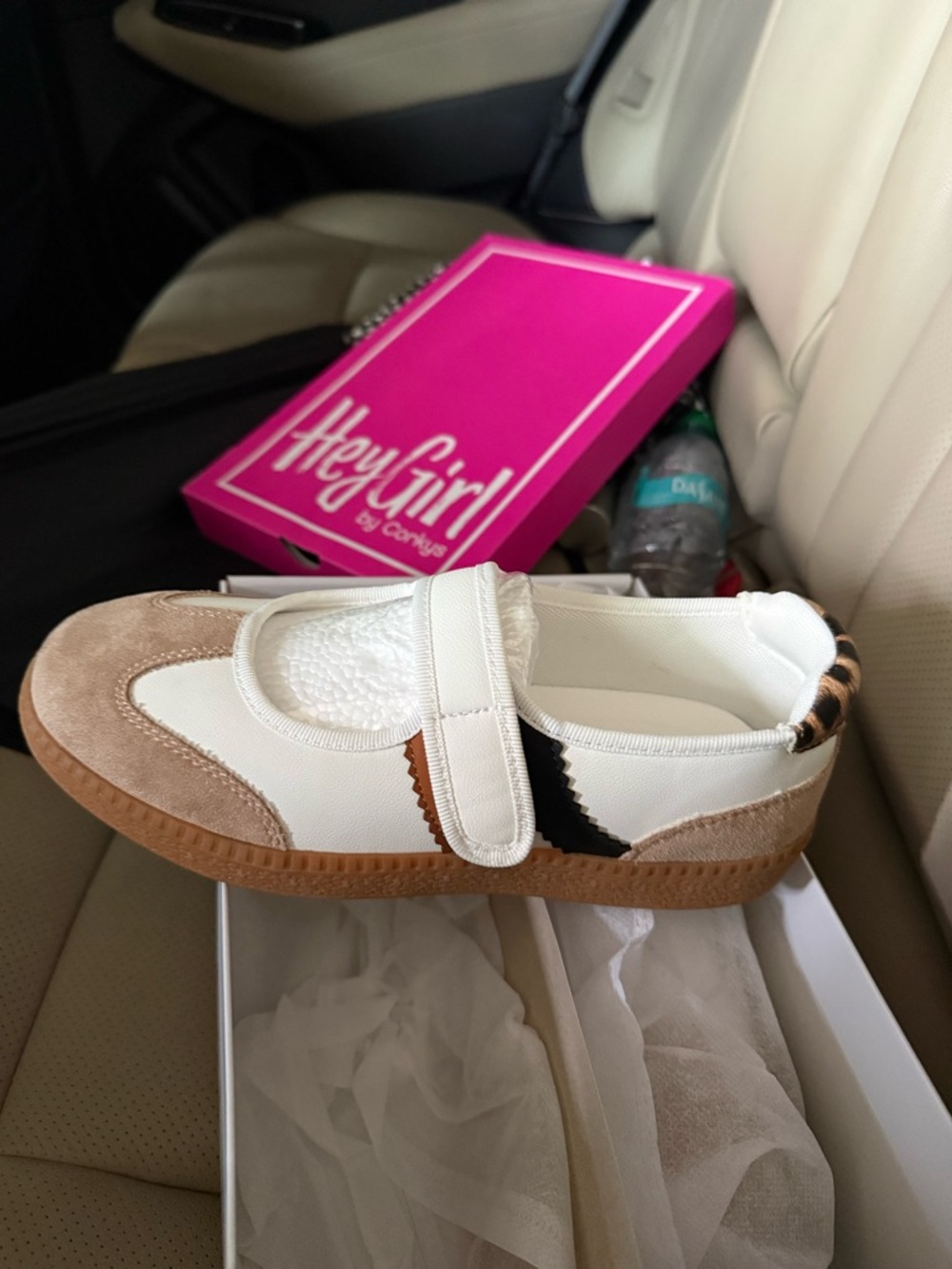 Corkys White, Tan & Black Mary Jane Flats with Leopard Heel Accent